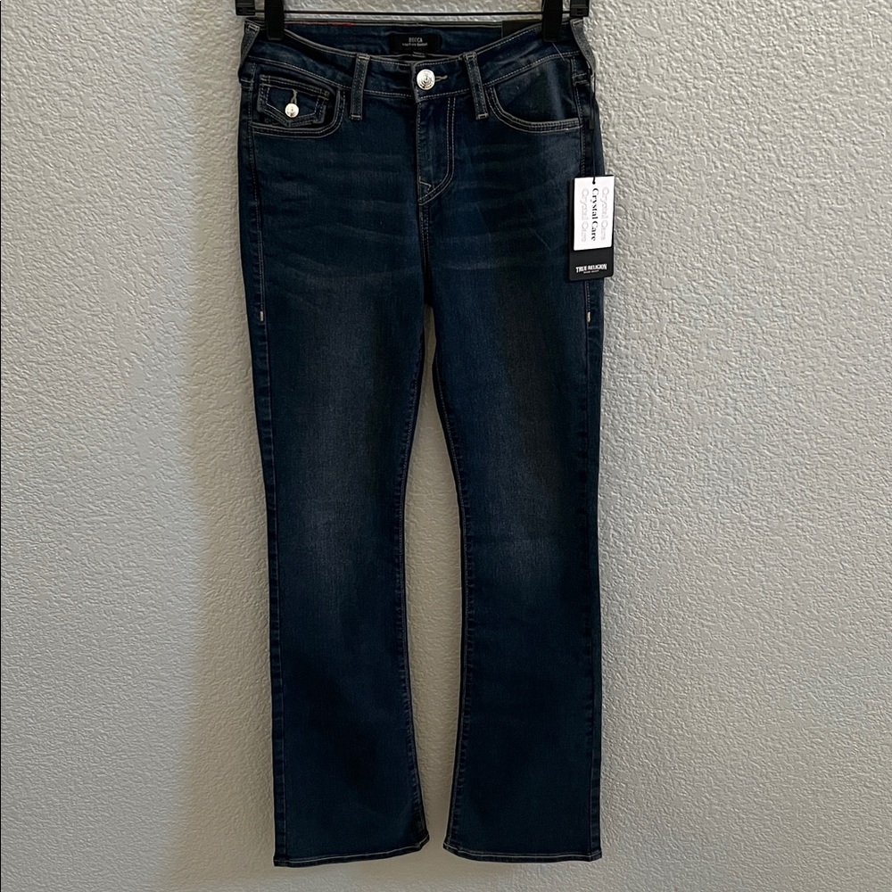 True Religion Becca Crystal Flap Rhinestone Mid Rise Bootcut Jeans Size 26 - Picture 2 of 8
